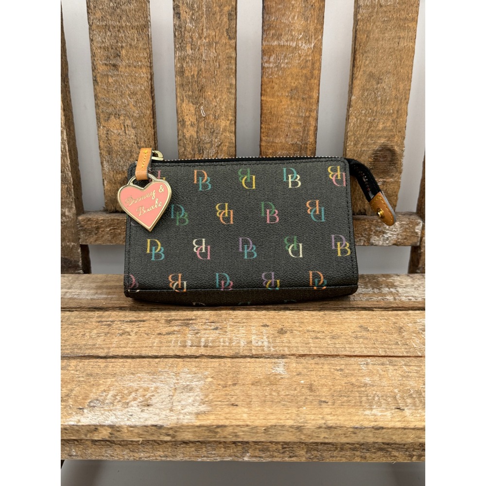 Dooney & Bourke Wristlet Womens Small Black Multicolor Monogram Good Heart Charm
